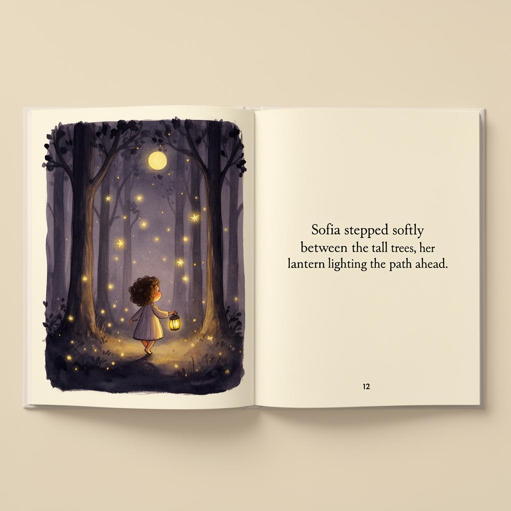 Interior page of an OUME Stories book showing a child walking through a moonlit forest